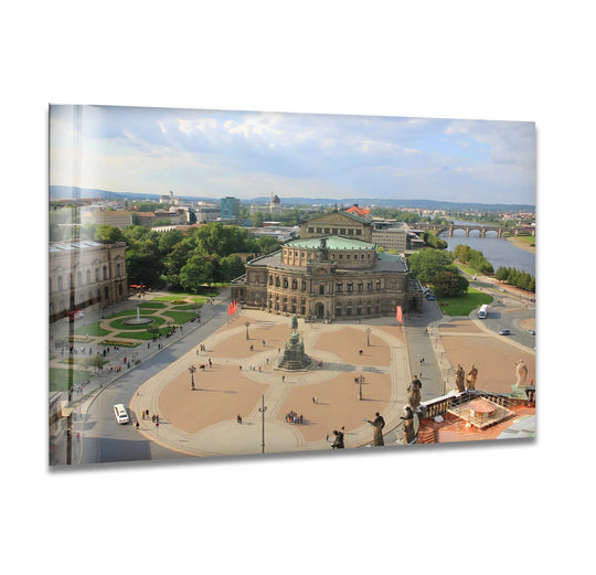 Shadow reveals the details of the Dresden Opera House on glass wall art, highlighting the city's iconic landmark and enhancing its appeal as a striking home decoration.
