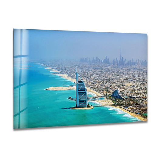 Visual rhythm flows across this Burj Al Arab and Dubai skyline glass wall art, creating unique modern wall decor with iconic architecture and a panoramic cityscape.
