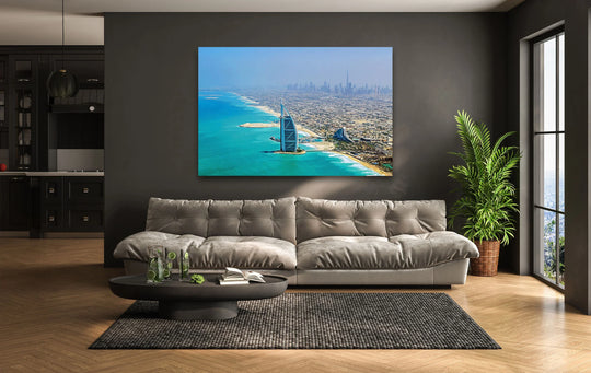 Highlighting the geometric elements of the Burj Al Arab and Dubai skyline, this hanging wall art presents a modern cityscape with sharp angles and rectilinear architectural forms.