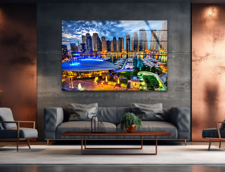 Dubai Marina: Contemporary Night View of Dubai on Glass Wall Art
