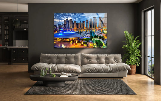 Vibrant color contrast highlights the Dubai Marina cityscape in this print wall art, where bright city lights meet the serene twilight sky.