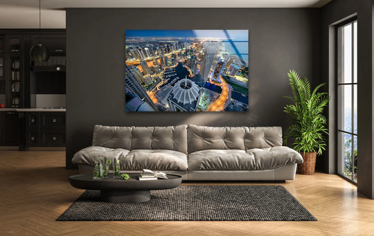 Featuring unique modern wall decor, the aerial night view of Dubai Marina presents an abstract cityscape with layers of light and architectural forms.