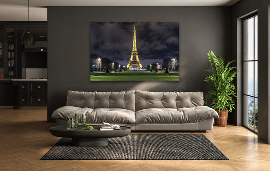 With depth and layers, the illuminated Eiffel Tower at night in this iconic print wall art creates a captivating cityscape view with stunning detail.