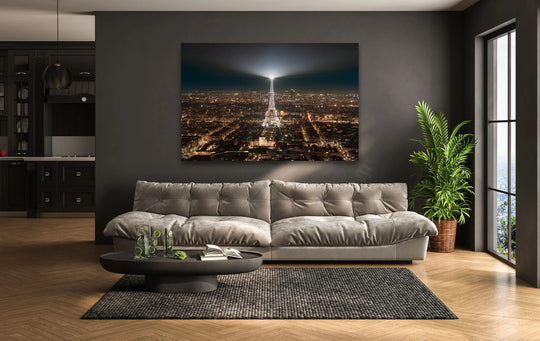 Gray hues accentuate the Eiffel Tower at night in this stunning glass wall artwork, illuminating the Parisian landmark with a breathtaking cityscape view.