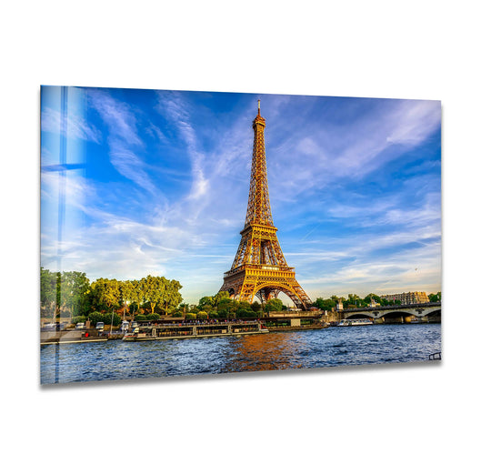 The darkest area emphasizes the Eiffel Tower against a tranquil Paris skyline in this exquisite glass art, capturing the iconic landmark's splendor on glass wall art.