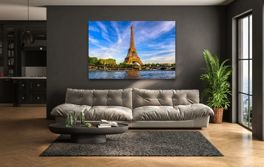 Vibrant color saturation enhances the iconic Eiffel Tower and Parisian cityscape in this unique modern wall decor, showcasing the landmark's beauty as glass wall art.