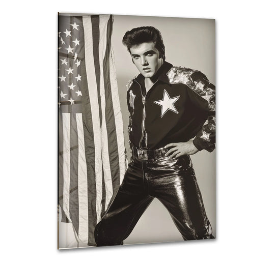 A striking black and white portrait of Elvis Presley stands against an American flag, printed on durable tempered glass wall art.