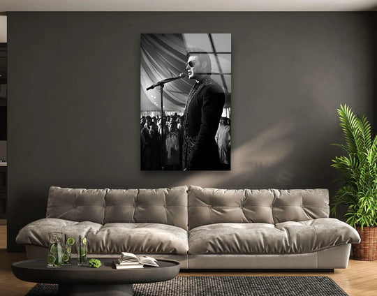 Elvis Presley's iconic performance is captured in a striking glass wall art print, highlighting the organic forms of the draped fabric and the crowd's silhouette.