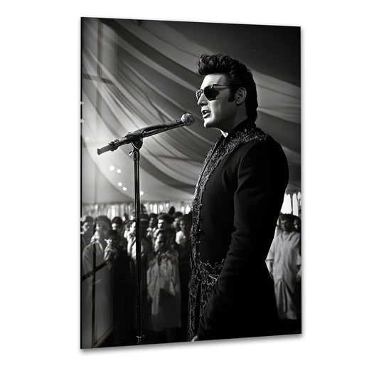 The background of this glass art painting features a concert stage with draped fabric and a crowd of adoring fans.
