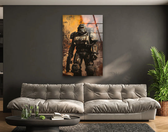 Video Game glass wall art features Bethesda Fallout 76 artwork and gaming art with Power Armor design in post apocalyptic setting