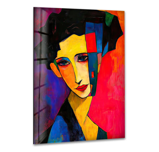 Striking color contrast defines this figurative abstract woman glass wall art, with vibrant yellows, blues, and reds creating a bold statement.