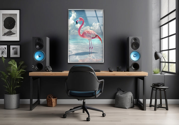 Rosa Flamingo auf blauem Ozean, Glaswandkunst
