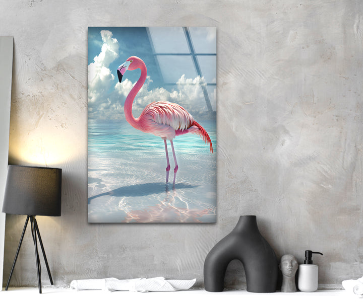 Rosa Flamingo auf blauem Ozean, Glaswandkunst