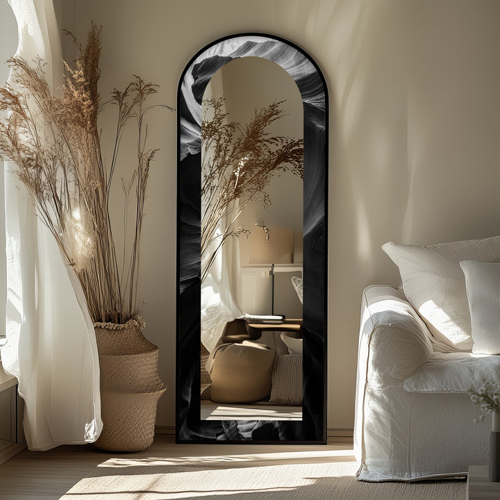 Obsidian Echo – Black Marble Texture Floor Mirror