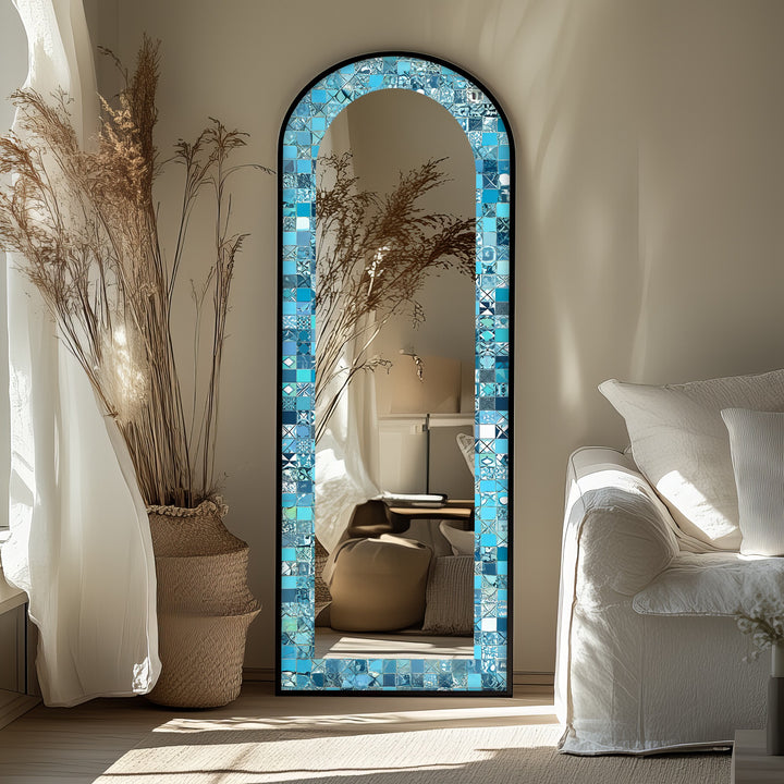 Turquoise Blue Tile-Inspired – Mosaic Floor Mirror