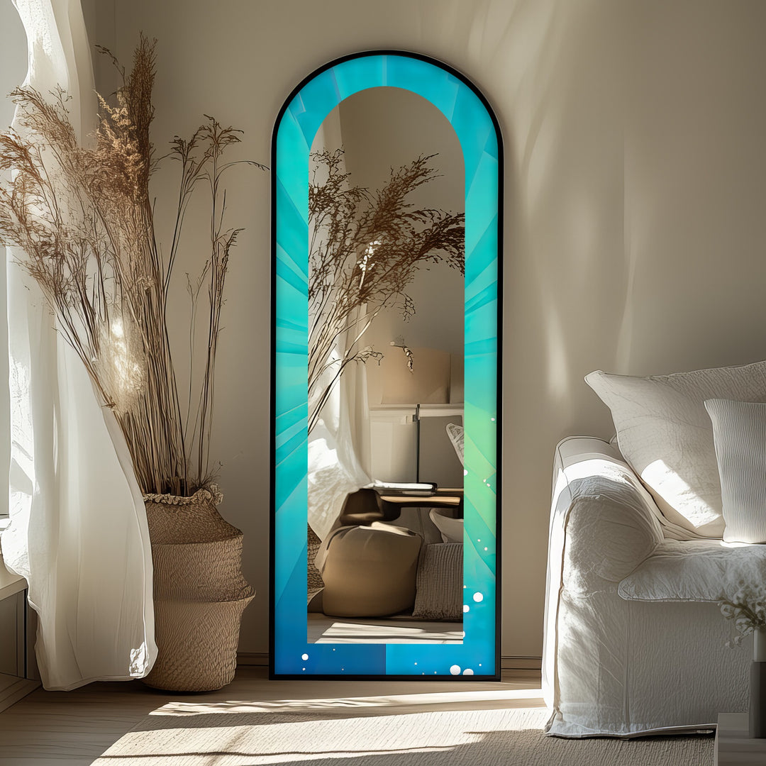 Ocean Glow – Aqua Gradient Radiant Arch Abstrakter Standspiegel 