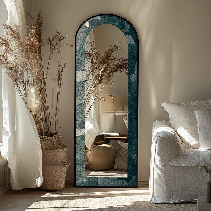 Stone Veil – Textured Deep Green Floor Mirror