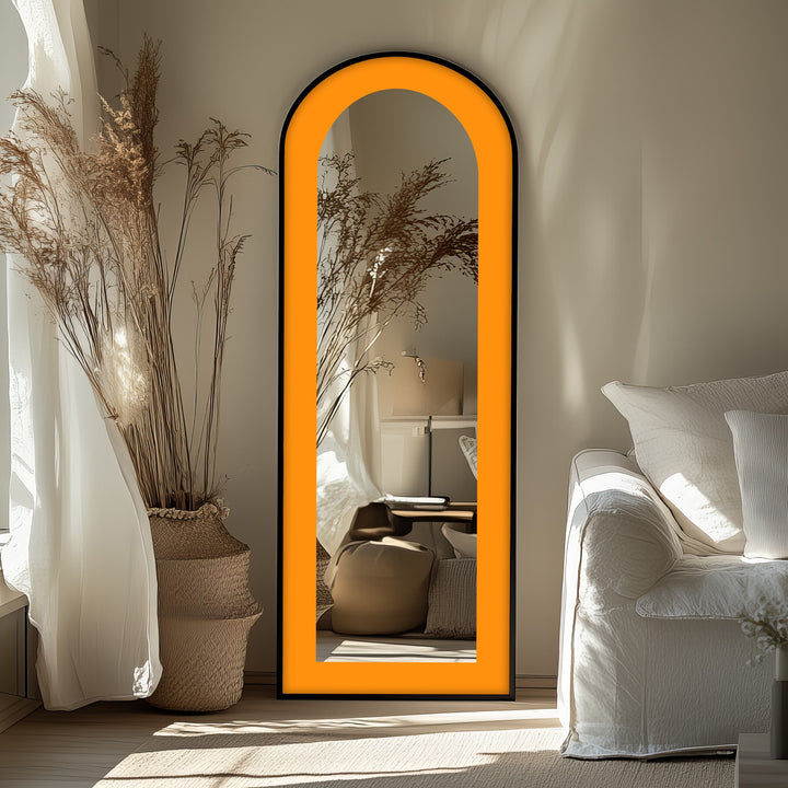 Sunburst Edge – Radiant Yellow-Orange Arch Floor Mirror