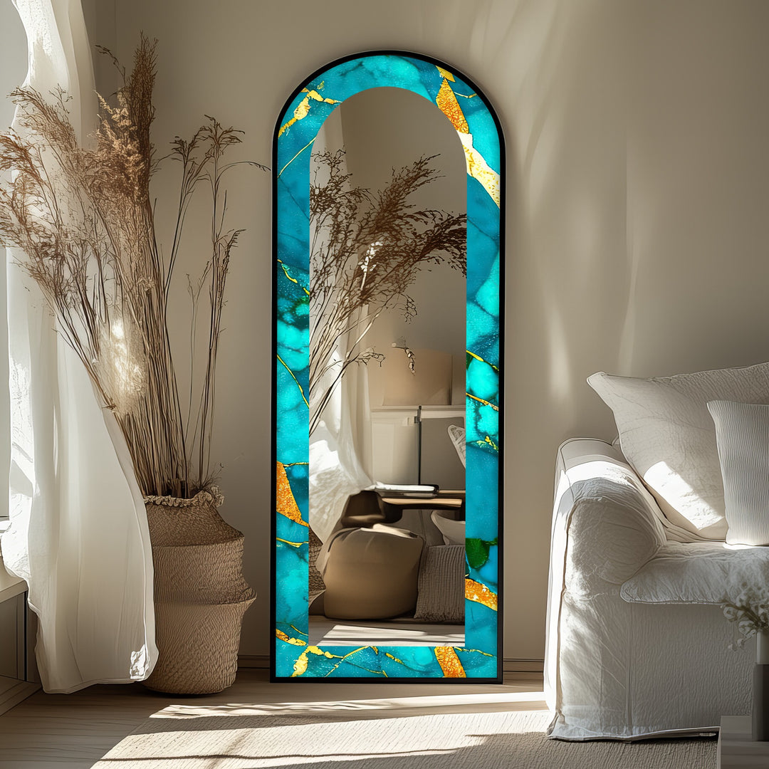 Oceanic Gold Veins – Marble Floor Mirror