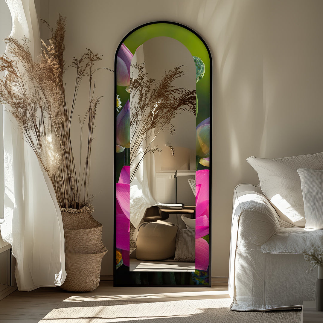 Sacred Bloom – Pink Lotus Botanical Floor Mirror