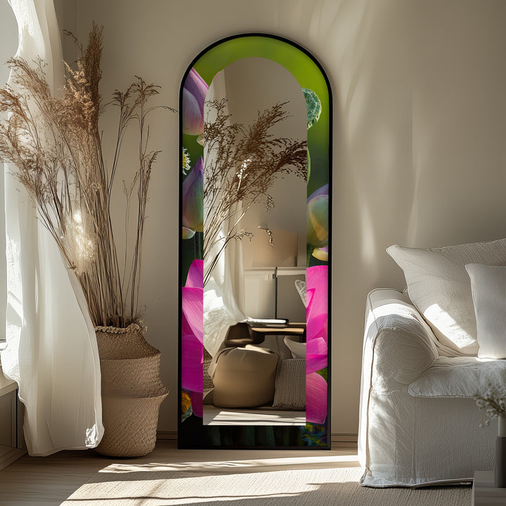 Sacred Bloom – Pink Lotus Botanical Floor Mirror