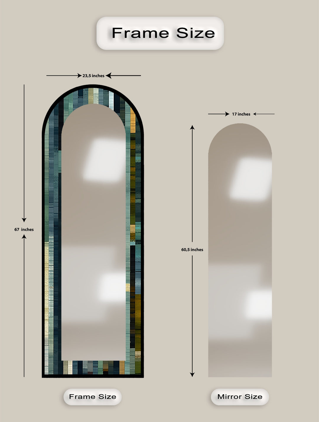 Tiefblauer und olivgrüner linearer Mosaik-Standspiegel 