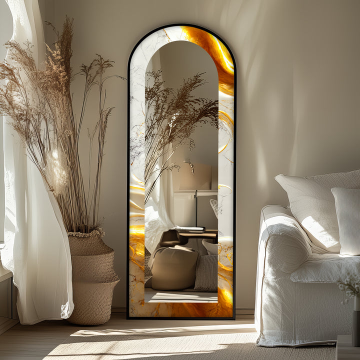 White Marble Glow – Abstract Floor Mirror