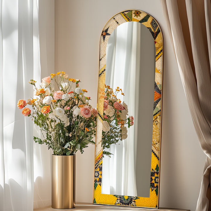 Golden & Brown Elegance – Mosaic Floor Mirror