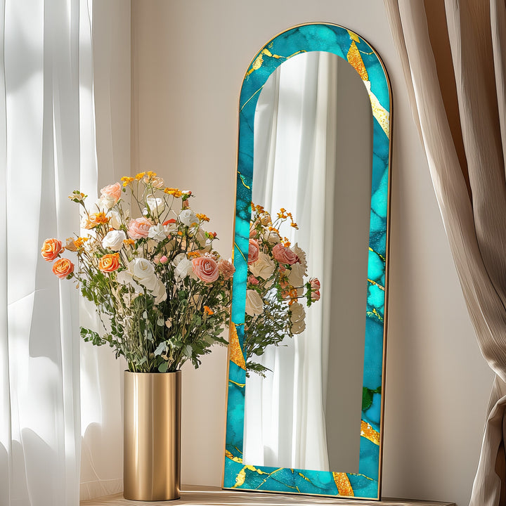 Oceanic Gold Veins – Marble Floor Mirror