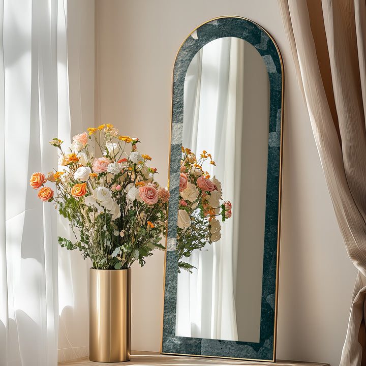 Stone Veil – Textured Deep Green Floor Mirror