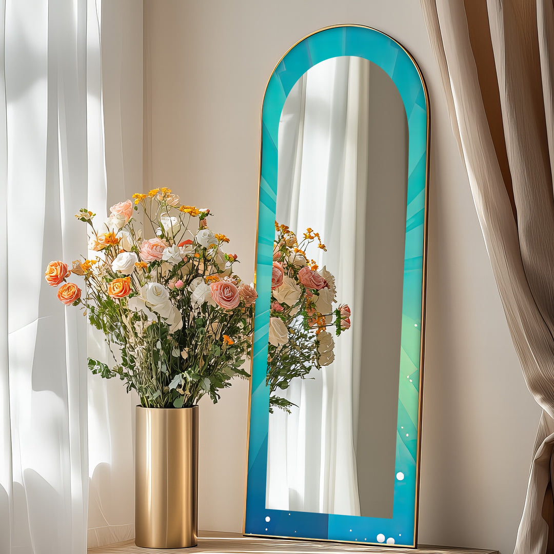 Ocean Glow – Aqua Gradient Radiant Arch Abstrakter Standspiegel 