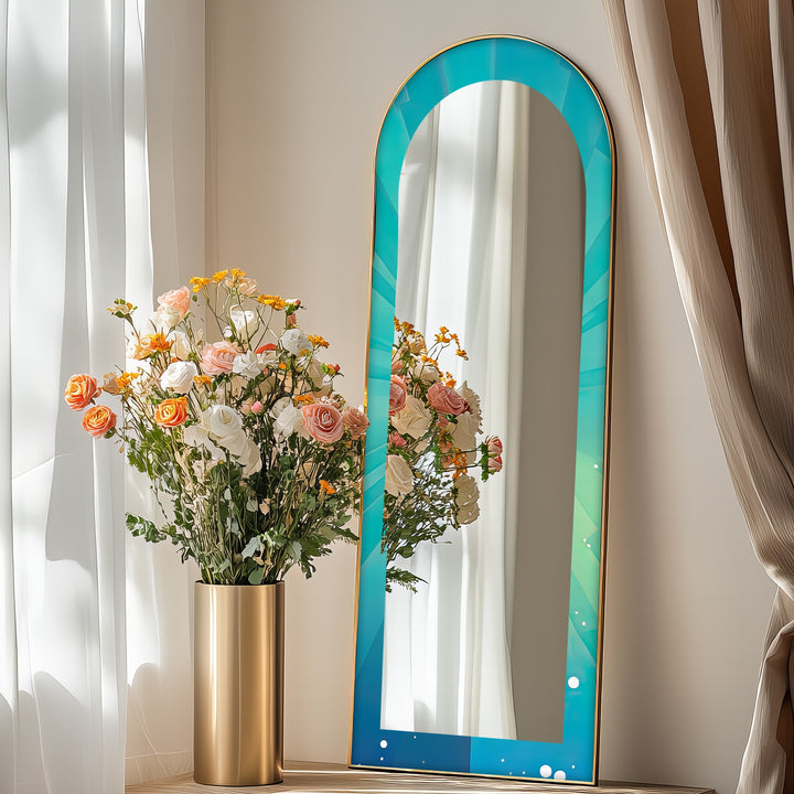 Ocean Glow – Aqua Gradient Radiant Arch Abstrakter Standspiegel 