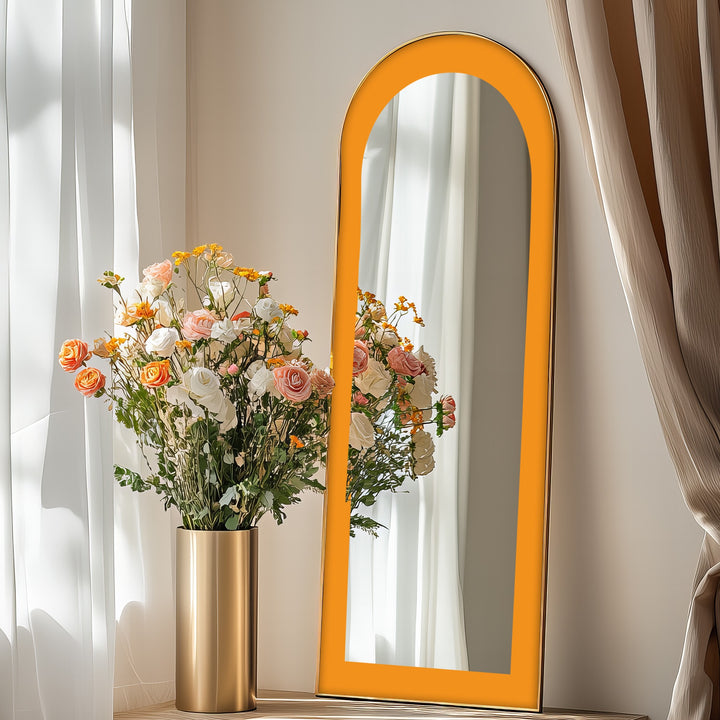 Sunburst Edge – Radiant Yellow-Orange Arch Floor Mirror