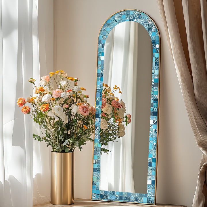 Turquoise Blue Tile-Inspired – Mosaic Floor Mirror