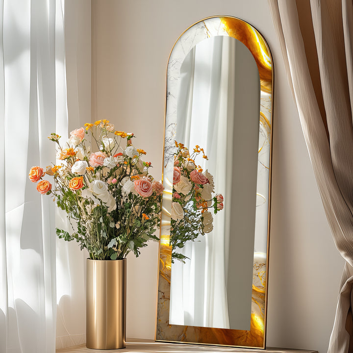 White Marble Glow – Abstract Floor Mirror