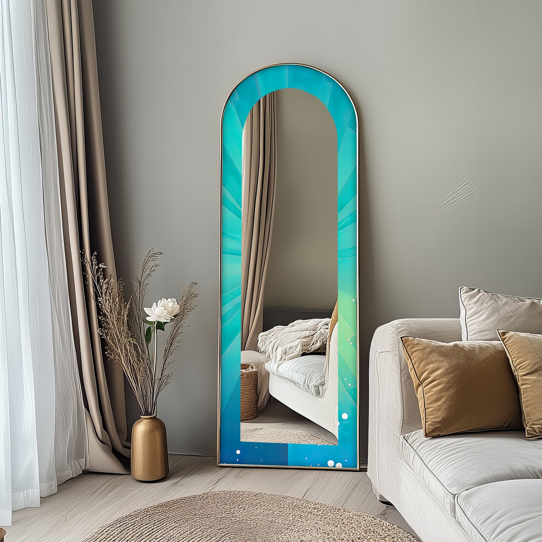 Ocean Glow – Aqua Gradient Radiant Arch Abstrakter Standspiegel 
