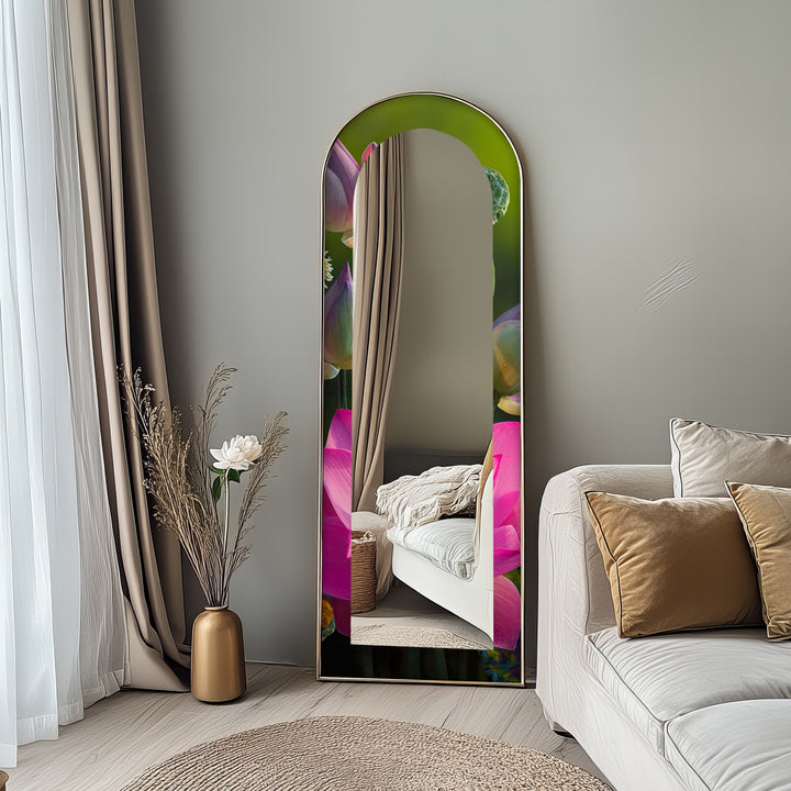 Sacred Bloom – Pink Lotus Botanical Floor Mirror