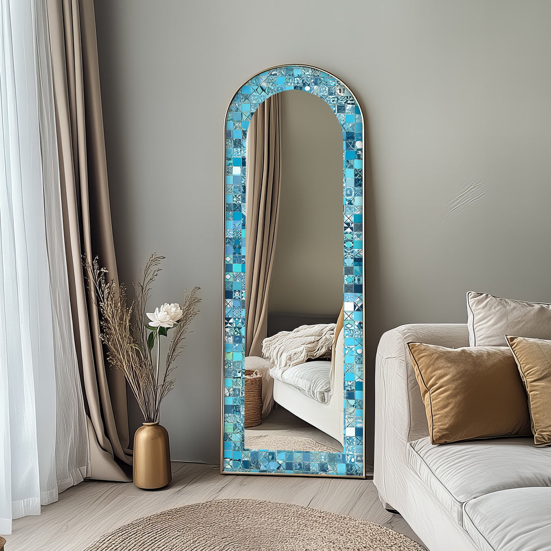 Turquoise Blue Tile-Inspired – Mosaic Floor Mirror