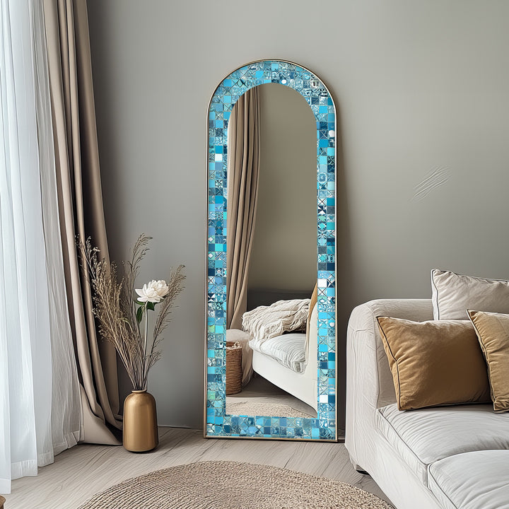Turquoise Blue Tile-Inspired – Mosaic Floor Mirror