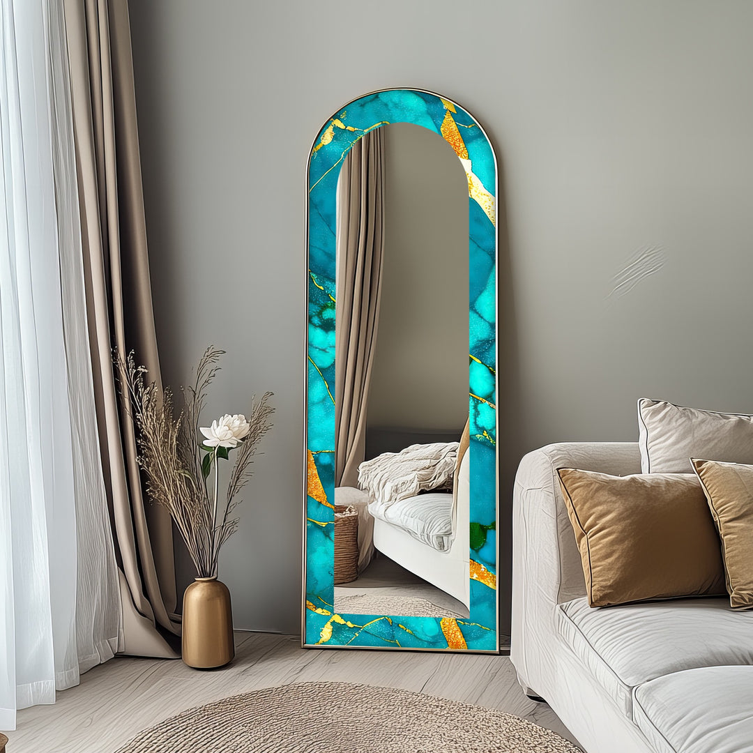 Oceanic Gold Veins – Marble Floor Mirror