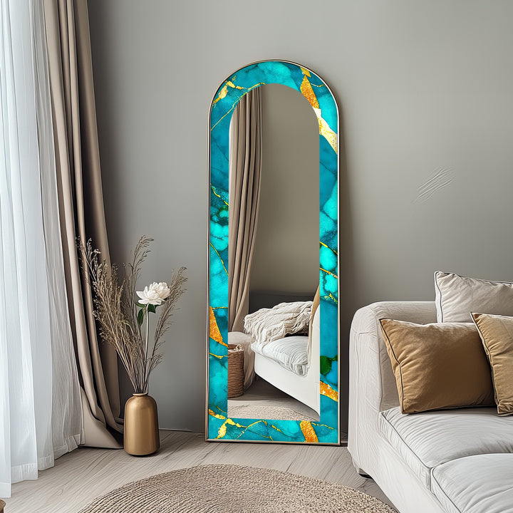 Oceanic Gold Veins – Marble Floor Mirror