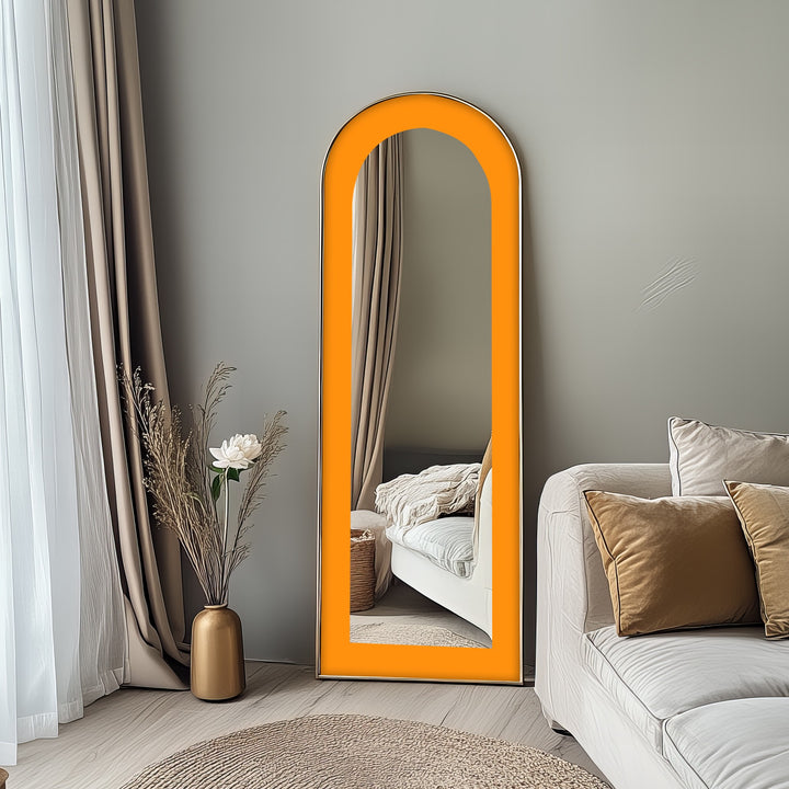 Sunburst Edge – Radiant Yellow-Orange Arch Floor Mirror