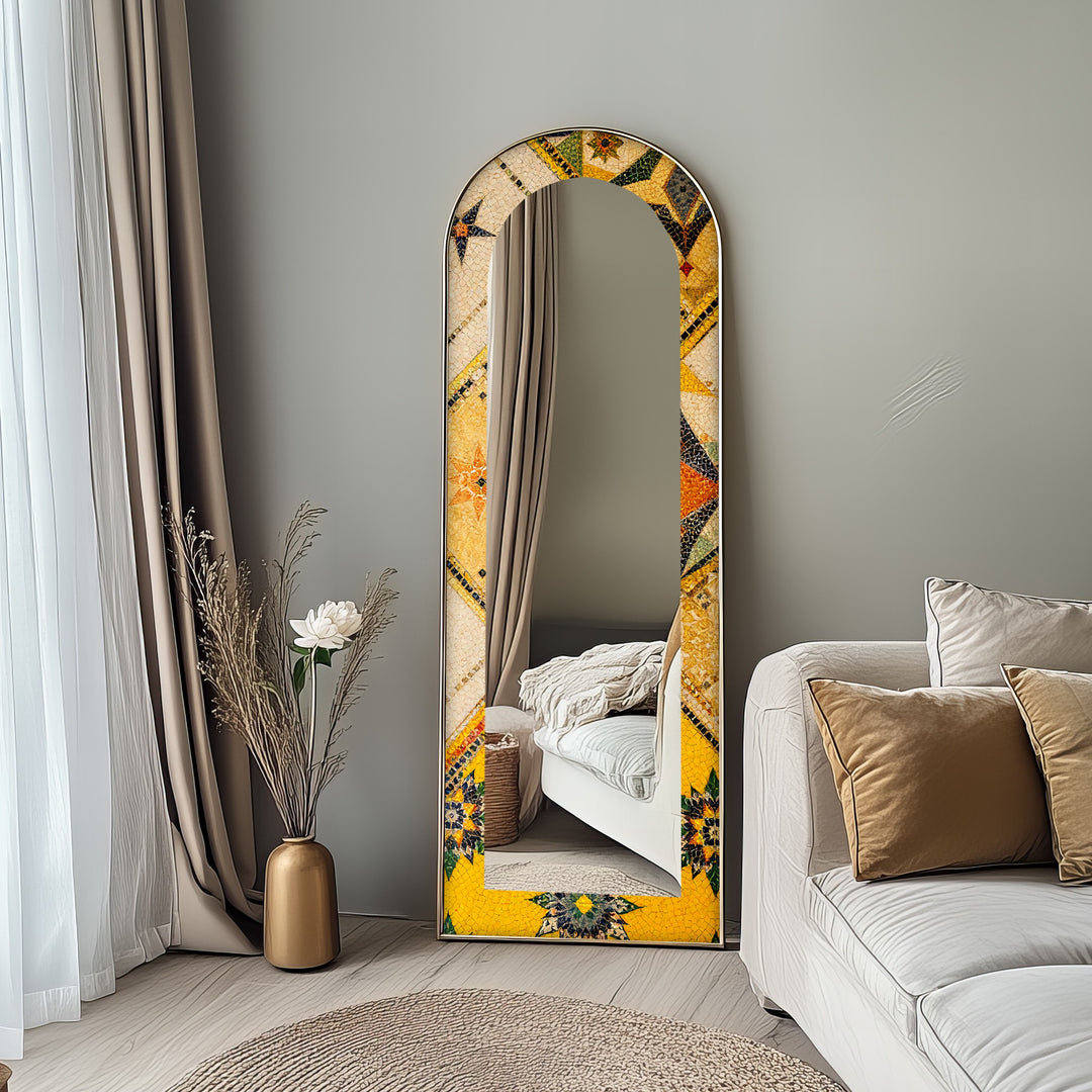 Golden & Brown Elegance – Mosaic Floor Mirror