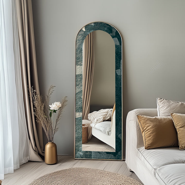 Stone Veil – Textured Deep Green Floor Mirror
