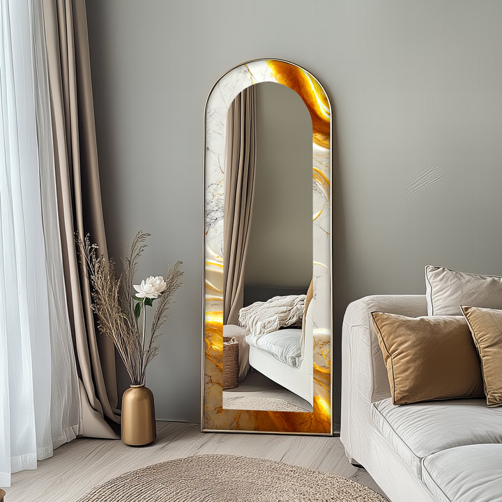White Marble Glow – Abstract Floor Mirror