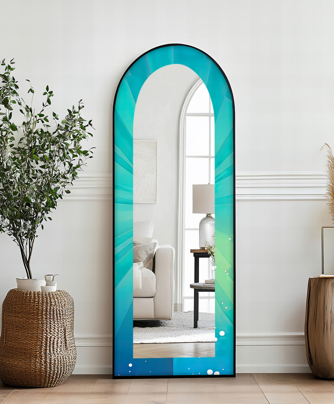 Ocean Glow – Aqua Gradient Radiant Arch Abstrakter Standspiegel 