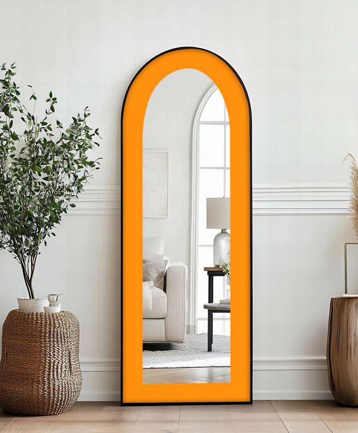 Sunburst Edge – Radiant Yellow-Orange Arch Floor Mirror