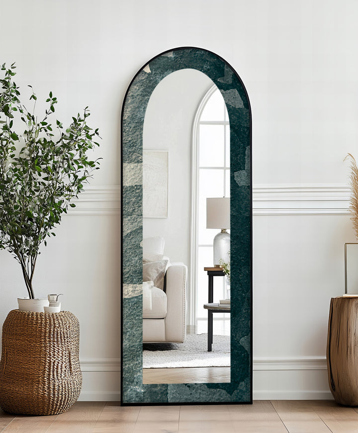 Stone Veil – Textured Deep Green Floor Mirror