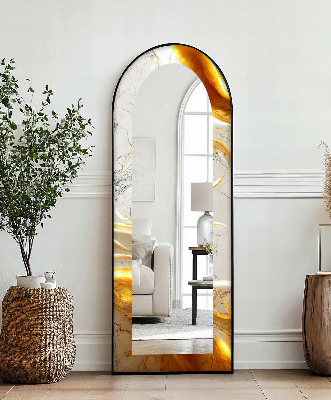 White Marble Glow – Abstract Floor Mirror