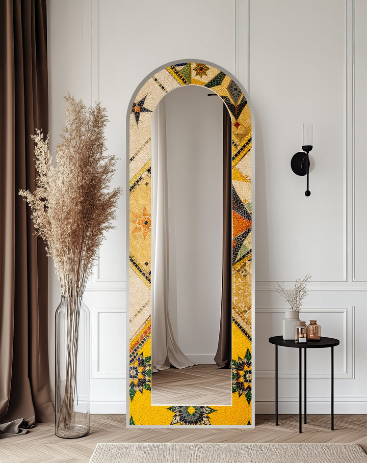 Golden & Brown Elegance – Mosaic Floor Mirror
